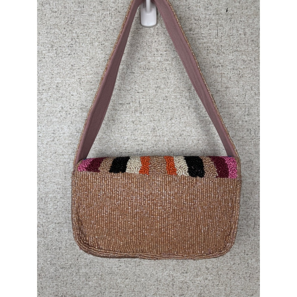 America & Beyond Soho Tan Tufted Beaded Shoulder Bag Multicolor Rainbow NWOT - Picture 5 of 13